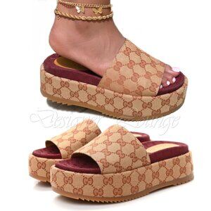 NEW GUCCI Angelina GG Beige Monogram Platform Slide Sandals Size EU 41.5 US 11.5